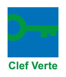 Logo Clef Verte, clé verte sur fond bleu.
