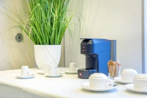 Cafetière avec tasses blanches et plante verte.