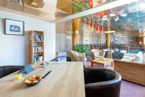 Salon confortable avec fauteuils et bibliothèque.